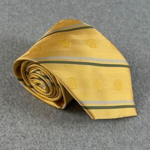 PM Collection Mens Silk Tie Yellow Green Silver Stripe Medallion 59x3.75"